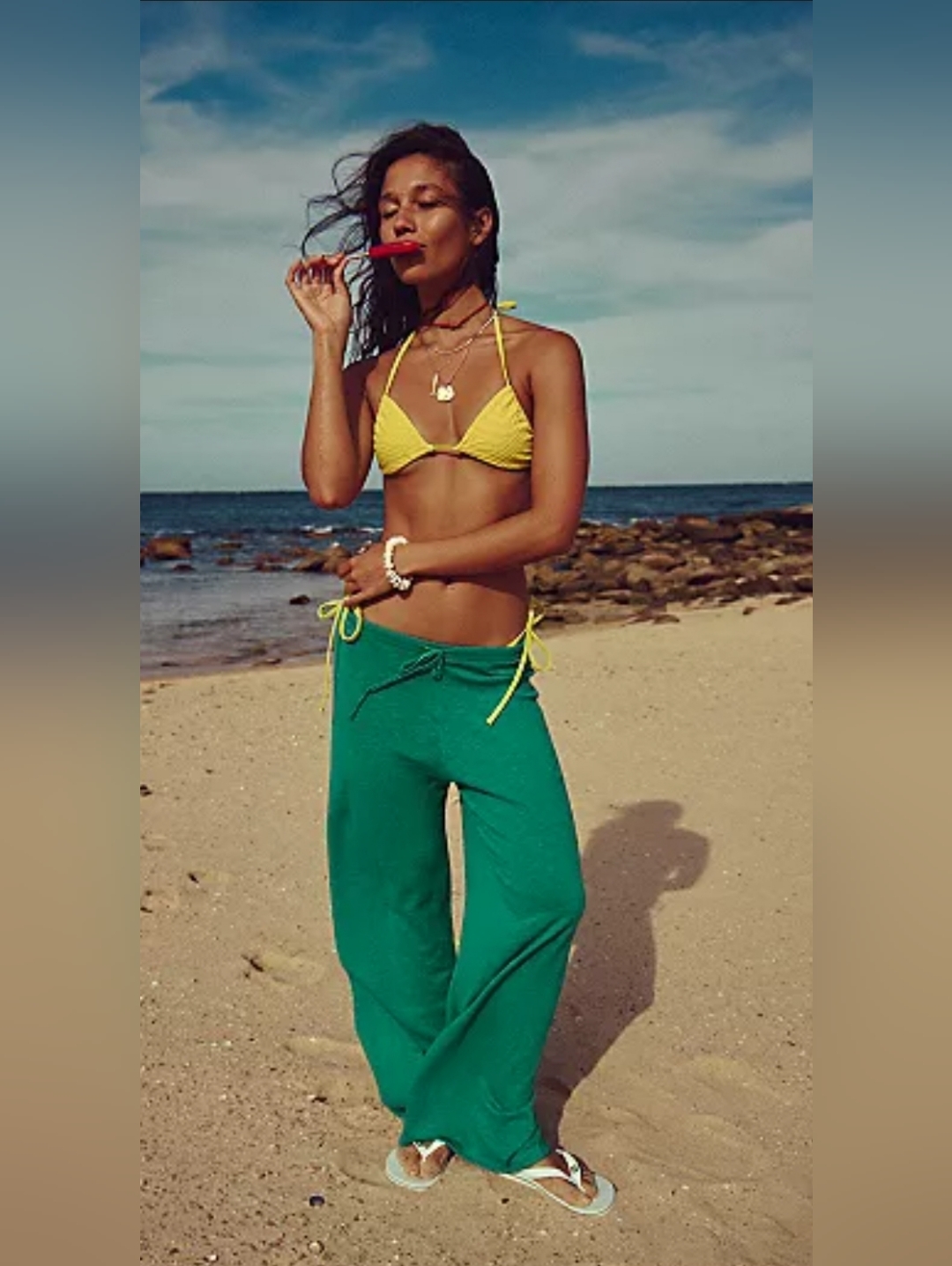 Free People Beach Pants In Green With Drawstring Waist